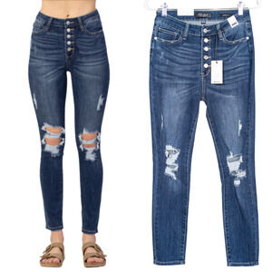 JUDY BLUE What Can I Say Button Fly Skinny Jeans Dark Wash Distressed Women's 29